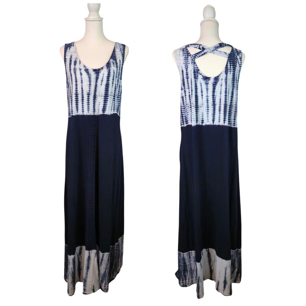 Boho Sleeveless Tie Dye Long Maxi Dress XL Blue Crisscross Back Vacation Travel